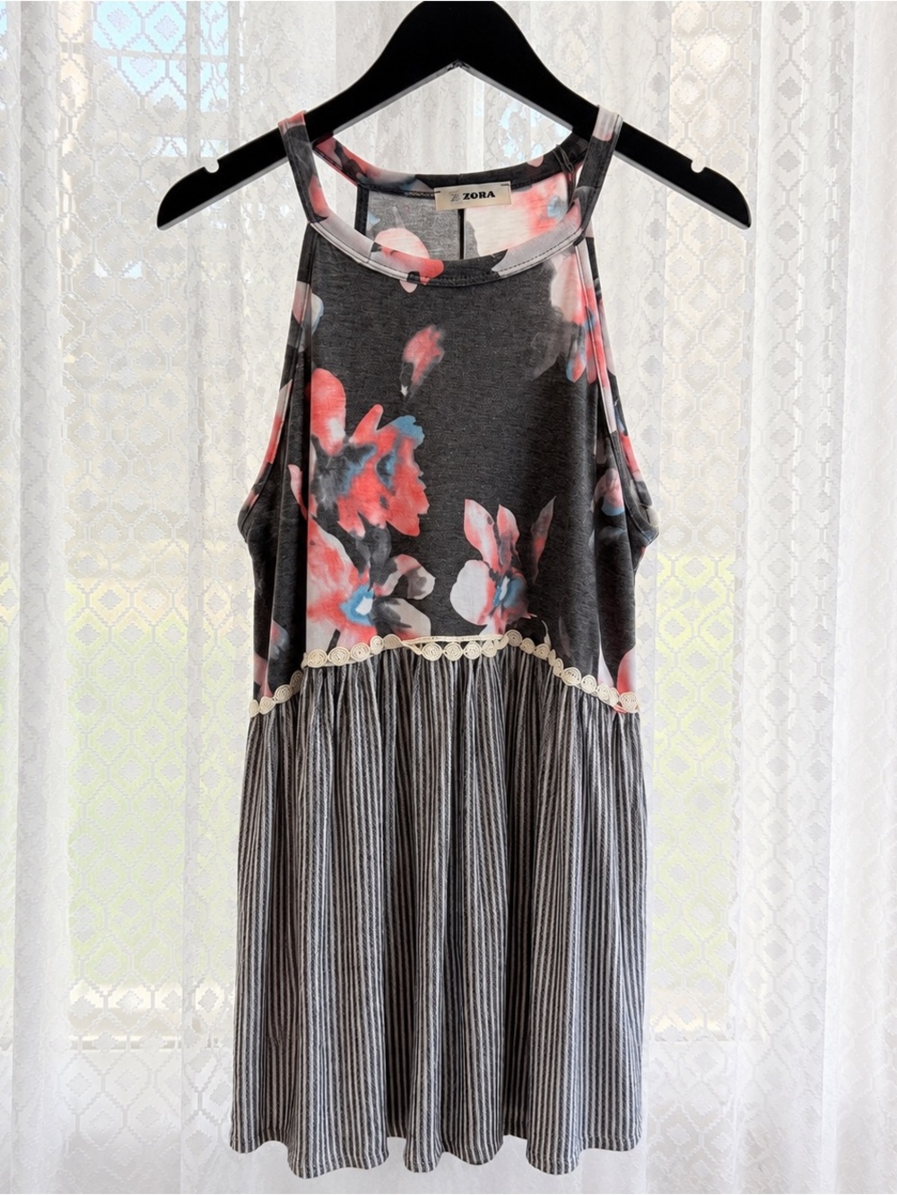 Adora Gray Floral Striped Babydoll Tunic Tank Top Size Medium